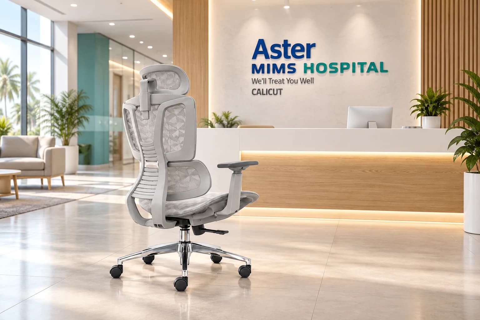 Fordel ergonomic chair in an Aster MIMS Hospital reception concept