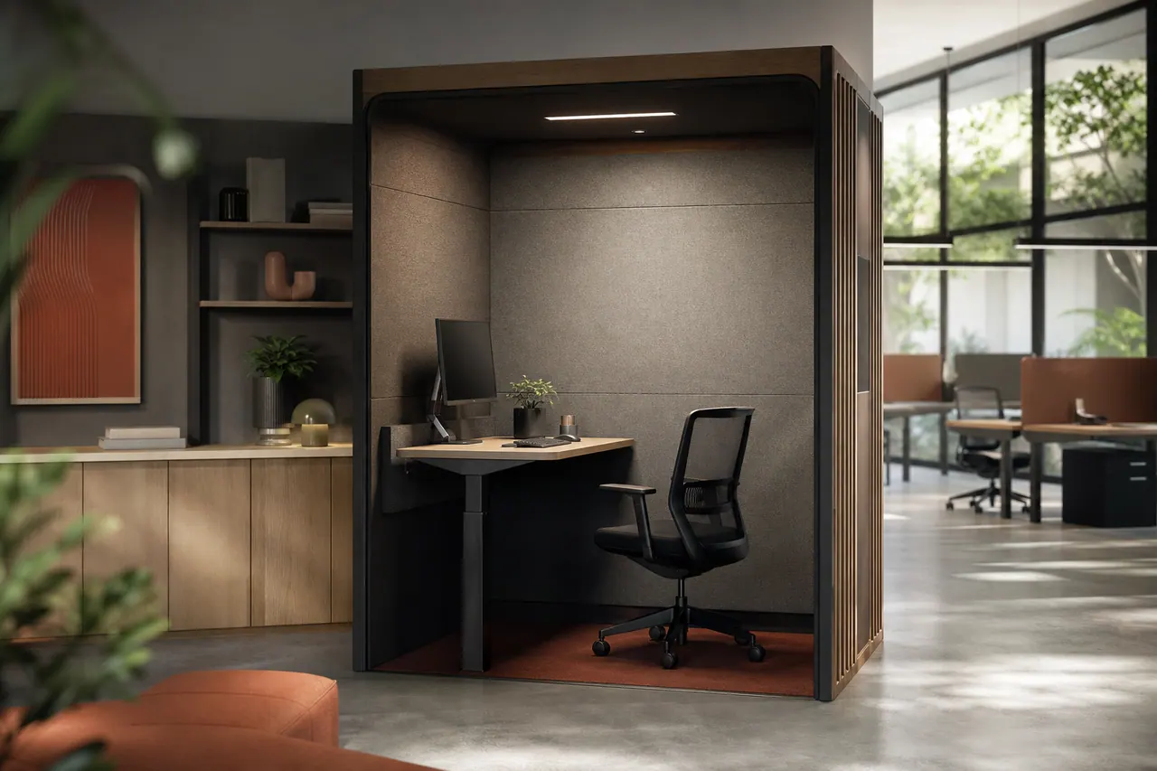 Acoustic focus pod with an ergonomic chair and compact desk