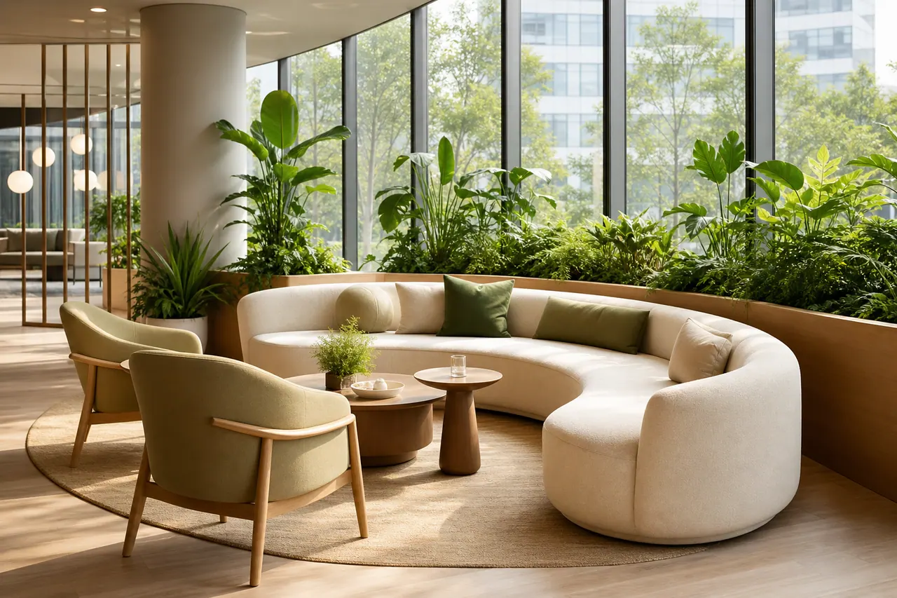 Biophilic office lounge with supportive seating and natural light
