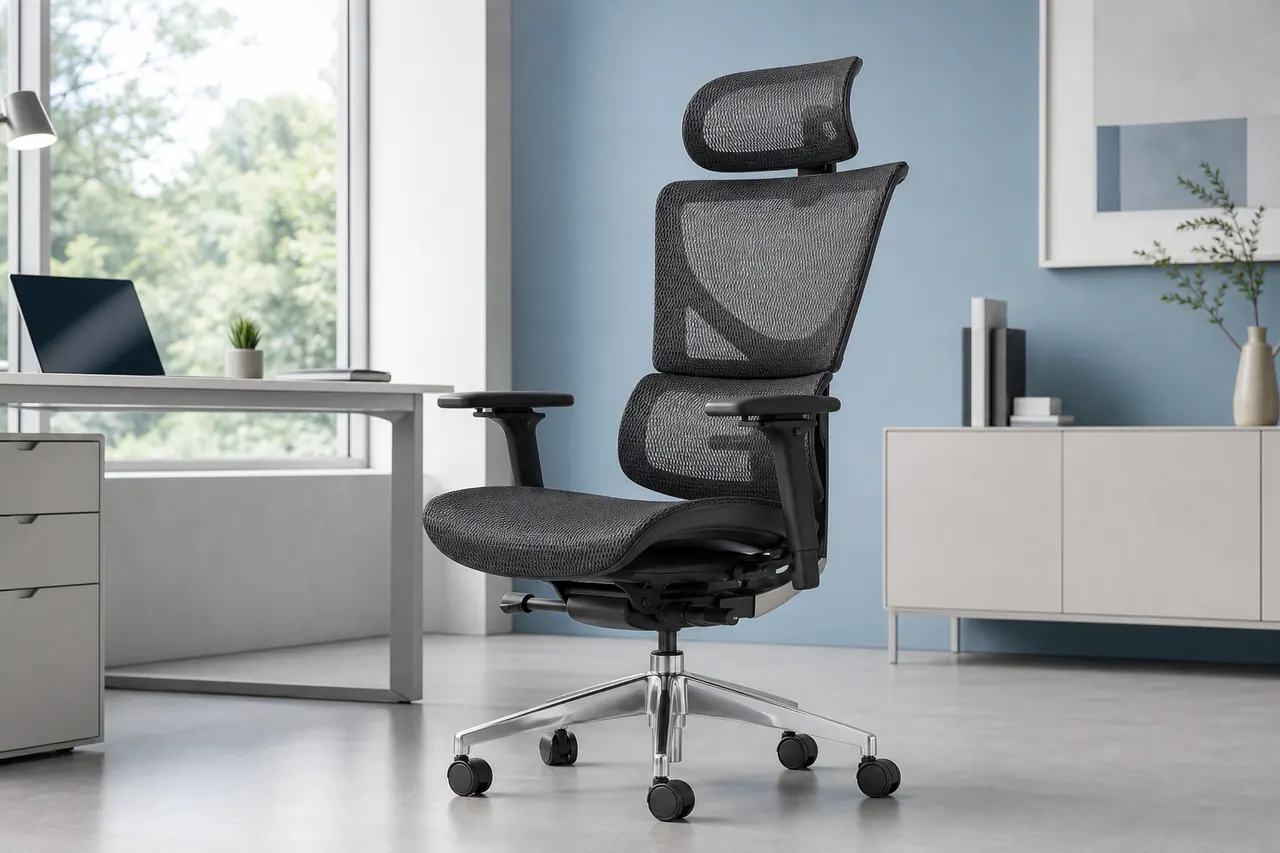 Black ergonomic mesh chair in a contemporary office