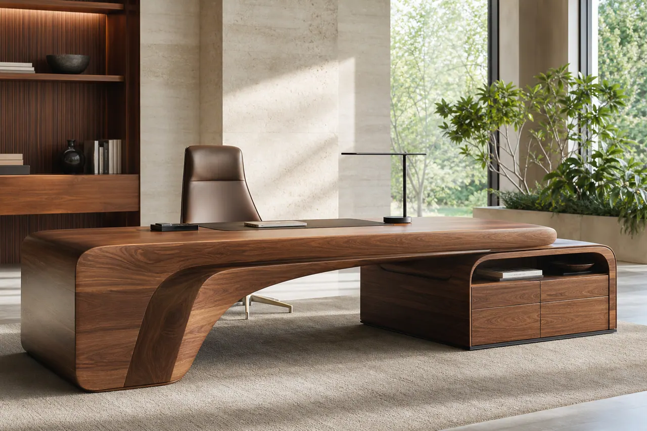 Sculptural wood executive desk in a bright office interior