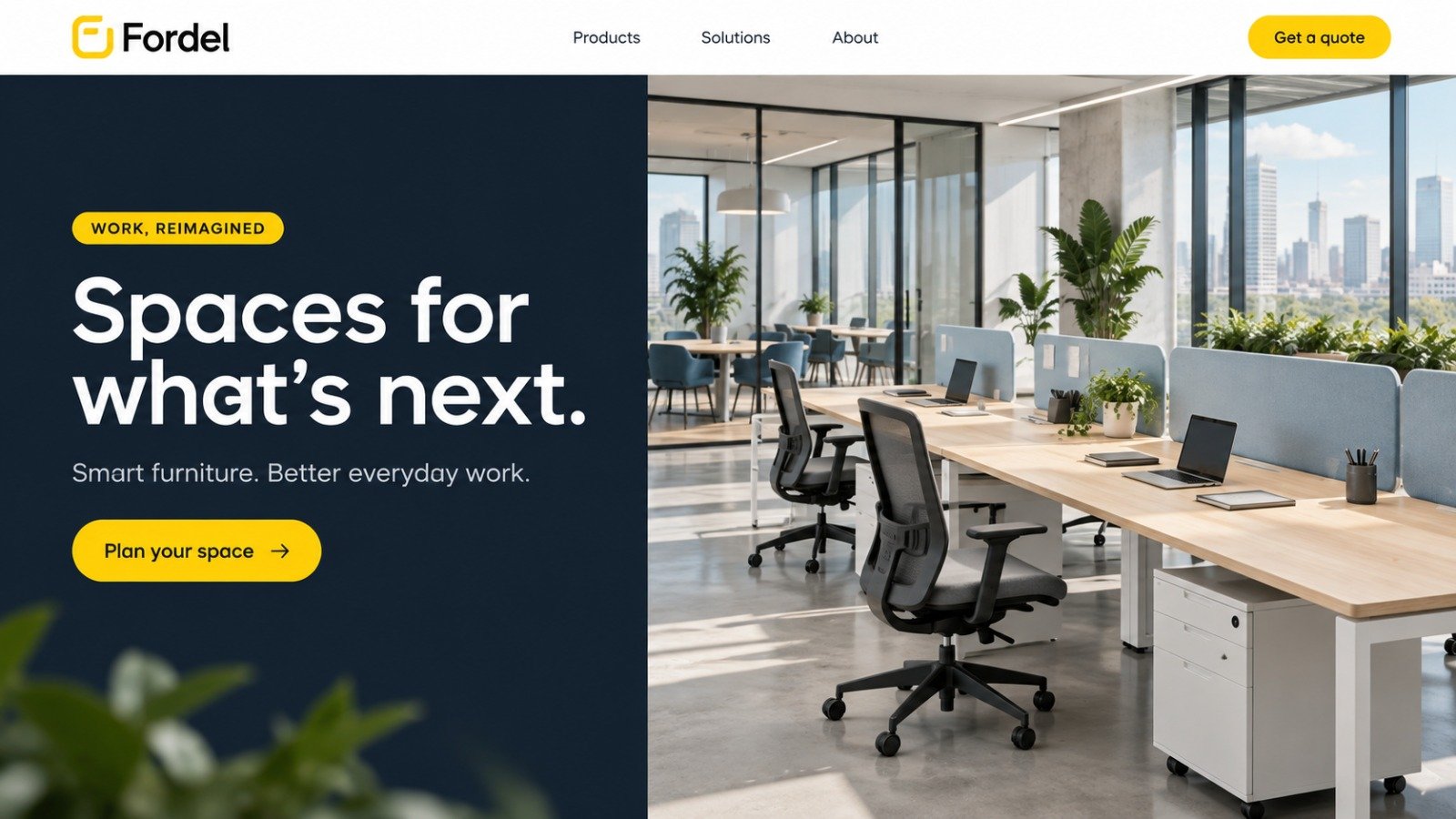 Modern shared workspace with ergonomic chairs and light wood desks